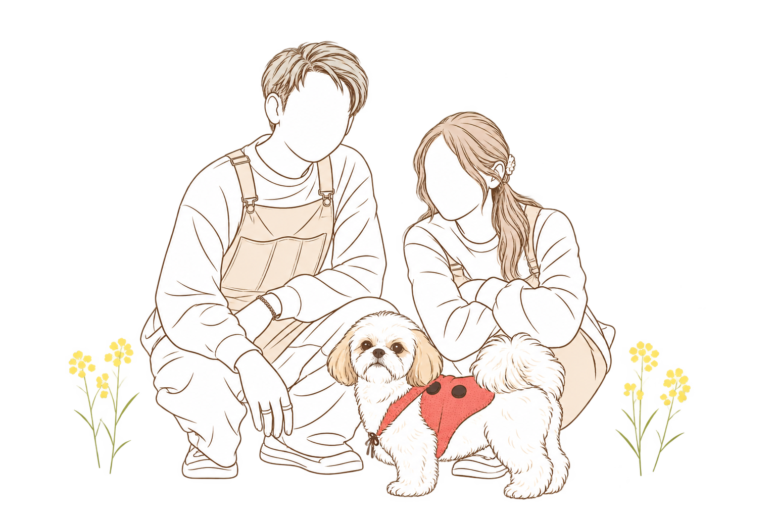 写真をもとに、二人と愛犬ディグ、菜の花を描いた線画